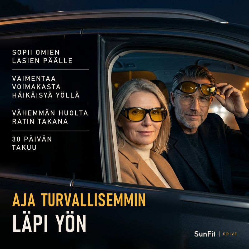 Aja turvallisemmin läpi yön - pariskunta autossa illalla, mies nostaa SunFit Drive -lasit omien lasiensa päälle ja nainen käyttää keltaisia yöajolasejaan